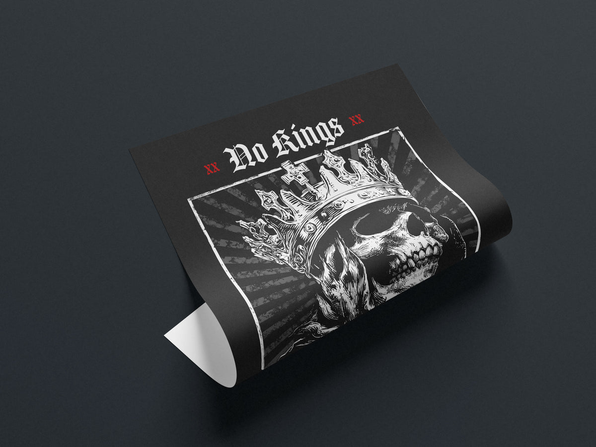 Artwork of a skull-headed king wearing an imposing crown, surrounded by radiant lines and the text “No Kings” and “System Error.” A high-quality DIN A2 poster on museum-grade matt paper — a striking visual symbol of rebellion, irony, and modern counterculture art.