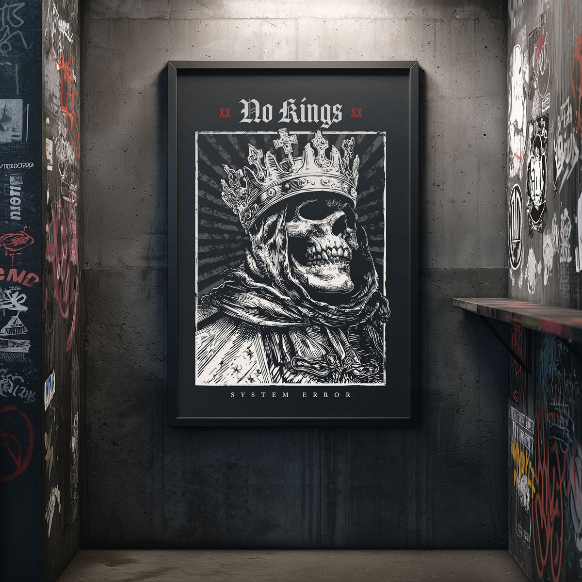 Artwork of a skull-headed king wearing an imposing crown, surrounded by radiant lines and the text “No Kings” and “System Error.” A high-quality DIN A2 poster on museum-grade matt paper — a striking visual symbol of rebellion, irony, and modern counterculture art.