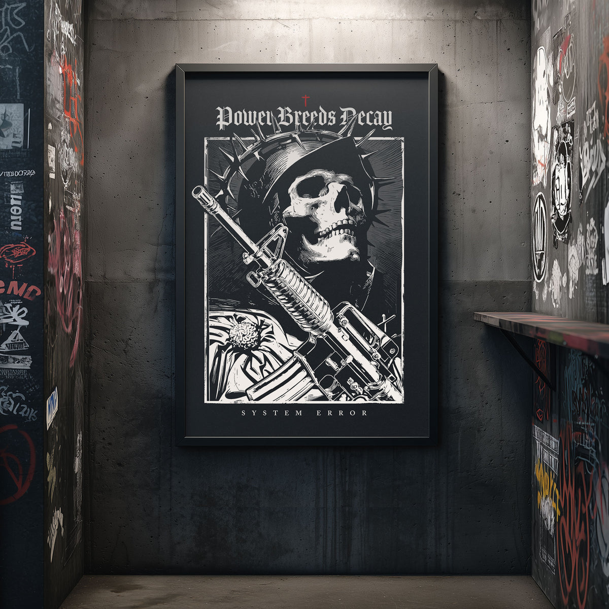 Eine schwarz-weiße Illustration im Punk-Stil, die einen skelettartigen Soldaten mit Dornenkrone und Helm zeigt, der ein Gewehr hält, mit den Texten „Power Breeds Decay” (Macht führt zu Verfall) und „System Error” (Systemfehler), die die Rebellion gegen Autoritäten und den Verfall der Macht symbolisieren.
Punk-Poster, Wandkunst mit Totenkopf, dunkle ästhetische Kunst, Anti-Autoritäts-Kunst, Rebellion-Poster, Systemfehler-Druck, Skelett-Kunstwerk, Punk-Wohnkultur, Anti-Kriegs-Kunst, gotische Wanddekoration