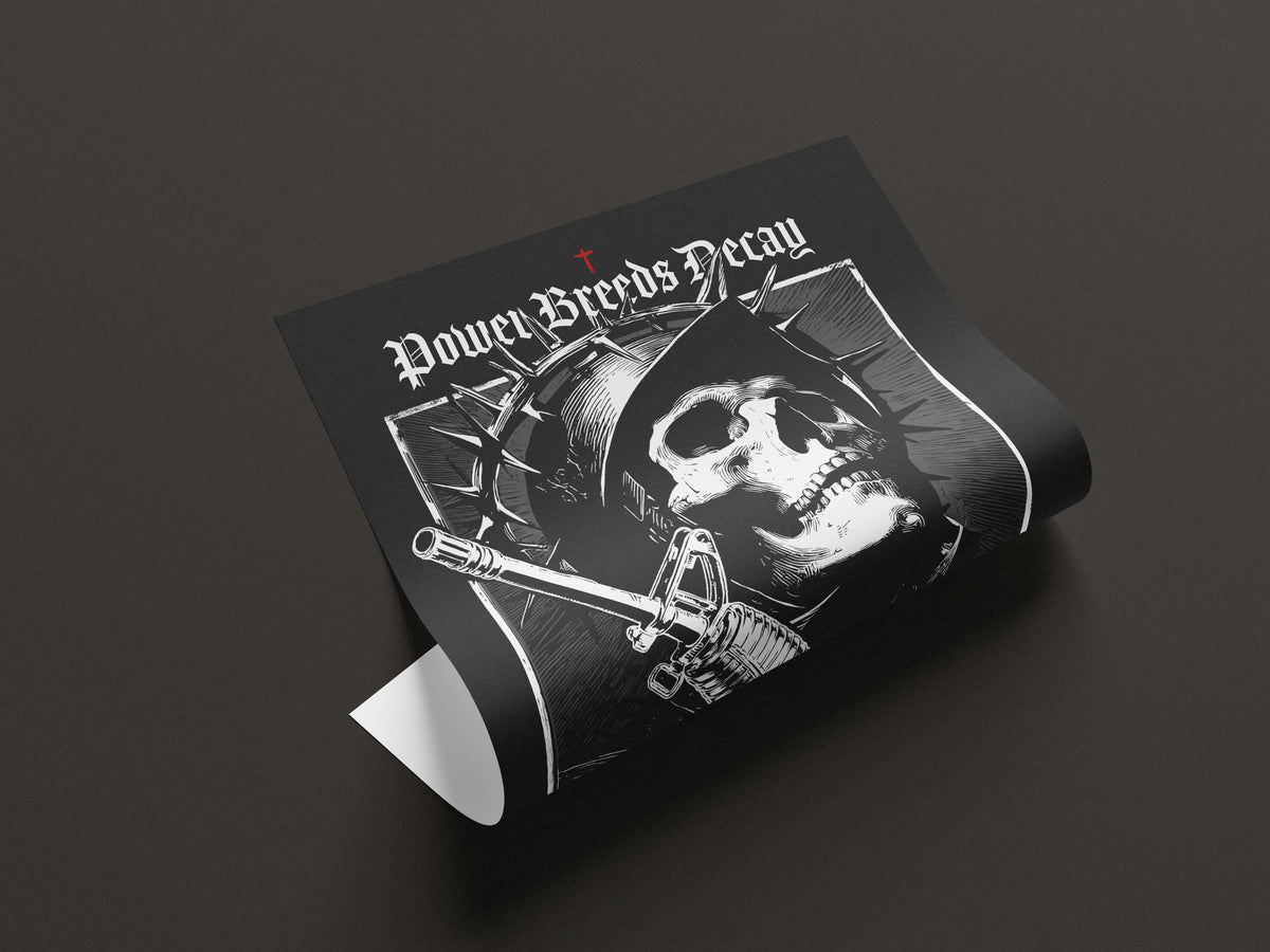 Eine schwarz-weiße Illustration im Punk-Stil, die einen skelettartigen Soldaten mit Dornenkrone und Helm zeigt, der ein Gewehr hält, mit den Texten „Power Breeds Decay” (Macht führt zu Verfall) und „System Error” (Systemfehler), die die Rebellion gegen Autoritäten und den Verfall der Macht symbolisieren.
Punk-Poster, Wandkunst mit Totenkopf, dunkle ästhetische Kunst, Anti-Autoritäts-Kunst, Rebellion-Poster, Systemfehler-Druck, Skelett-Kunstwerk, Punk-Wohnkultur, Anti-Kriegs-Kunst, gotische Wanddekoration