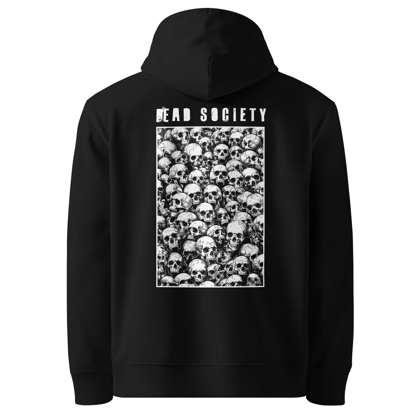 Rückansicht eines schwarzen Kapuzenpullovers mit dem ‚Dead Society‘ Design: Ein hochkant rechteckiger Print, der dicht an dicht gefüllt ist mit realistisch gezeichneten menschlichen Totenköpfen in verschiedenen Winkeln. Über der Grafik steht der Schriftzug ‚DEAD SOCIETY‘ in einer weißen, leicht abgenutzten Stencil-Schrift.