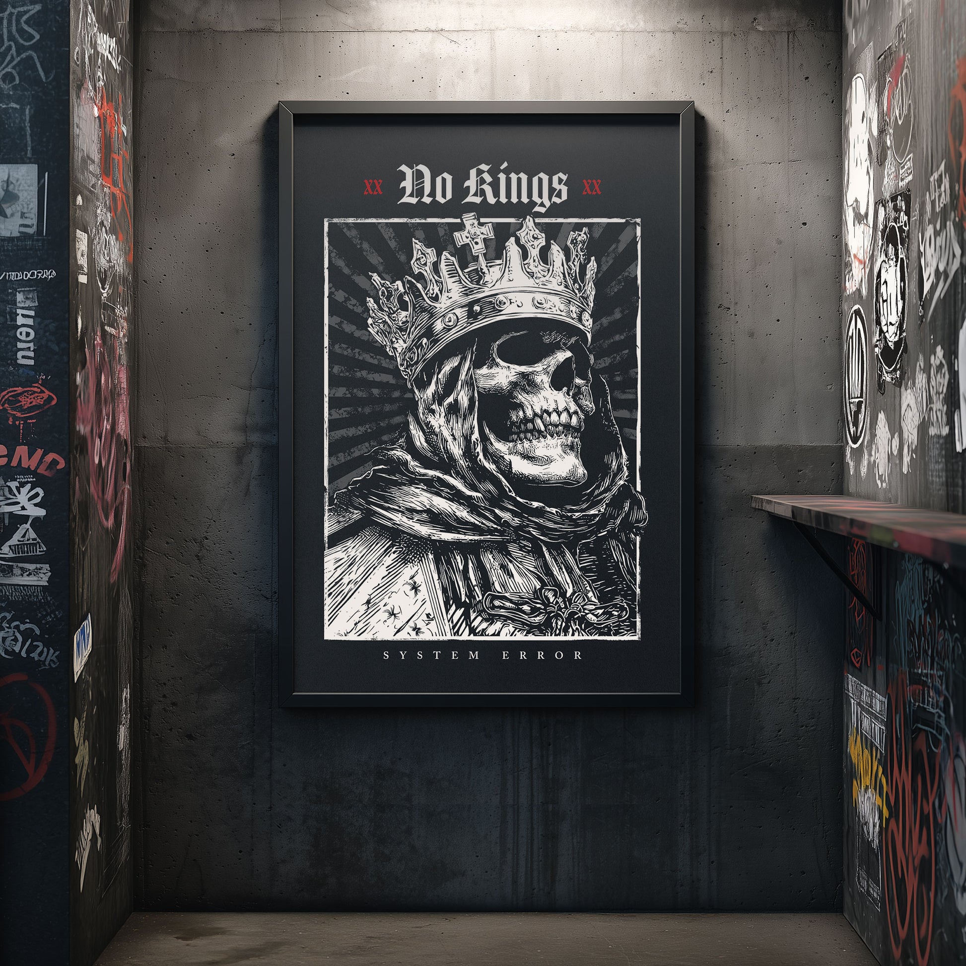 Artwork of a skull-headed king wearing an imposing crown, surrounded by radiant lines and the text “No Kings” and “System Error.” A high-quality DIN A2 poster on museum-grade matt paper — a striking visual symbol of rebellion, irony, and modern counterculture art.