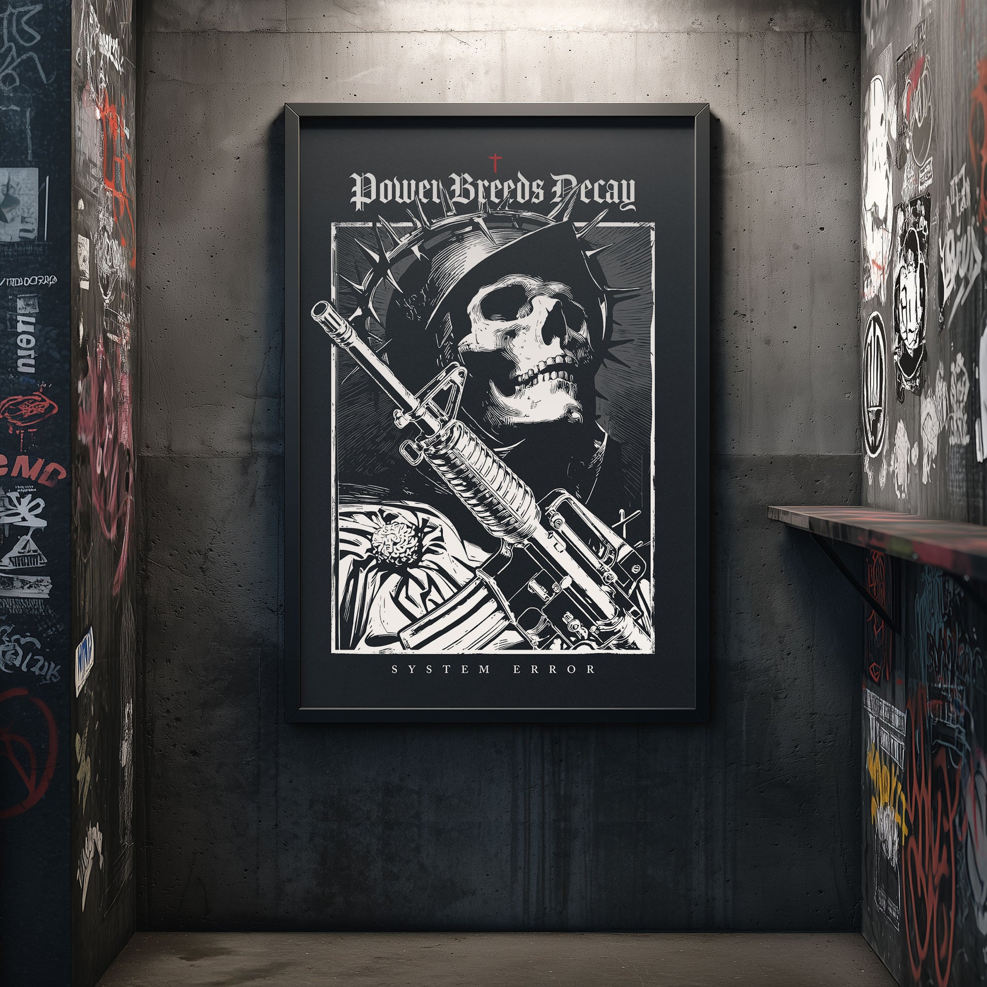 Eine schwarz-weiße Illustration im Punk-Stil, die einen skelettartigen Soldaten mit Dornenkrone und Helm zeigt, der ein Gewehr hält, mit den Texten „Power Breeds Decay” (Macht führt zu Verfall) und „System Error” (Systemfehler), die die Rebellion gegen Autoritäten und den Verfall der Macht symbolisieren.

Punk-Poster, Wandkunst mit Totenkopf, dunkle ästhetische Kunst, Anti-Autoritäts-Kunst, Rebellion-Poster, Systemfehler-Druck, Skelett-Kunstwerk, Punk-Wohnkultur, Anti-Kriegs-Kunst, gotische Wanddekoration