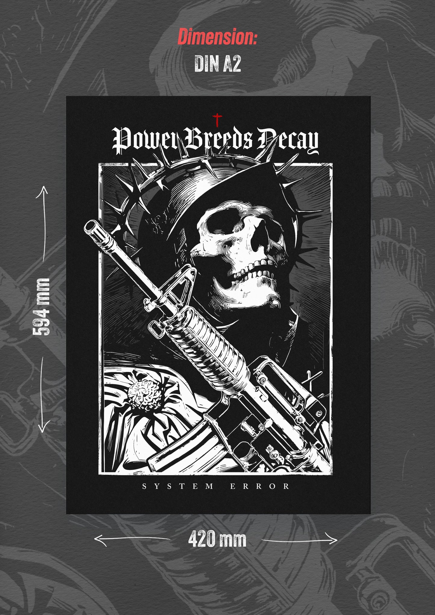 Eine schwarz-weiße Illustration im Punk-Stil, die einen skelettartigen Soldaten mit Dornenkrone und Helm zeigt, der ein Gewehr hält, mit den Texten „Power Breeds Decay” (Macht führt zu Verfall) und „System Error” (Systemfehler), die die Rebellion gegen Autoritäten und den Verfall der Macht symbolisieren.

Punk-Poster, Wandkunst mit Totenkopf, dunkle ästhetische Kunst, Anti-Autoritäts-Kunst, Rebellion-Poster, Systemfehler-Druck, Skelett-Kunstwerk, Punk-Wohnkultur, Anti-Kriegs-Kunst, gotische Wanddekoration
