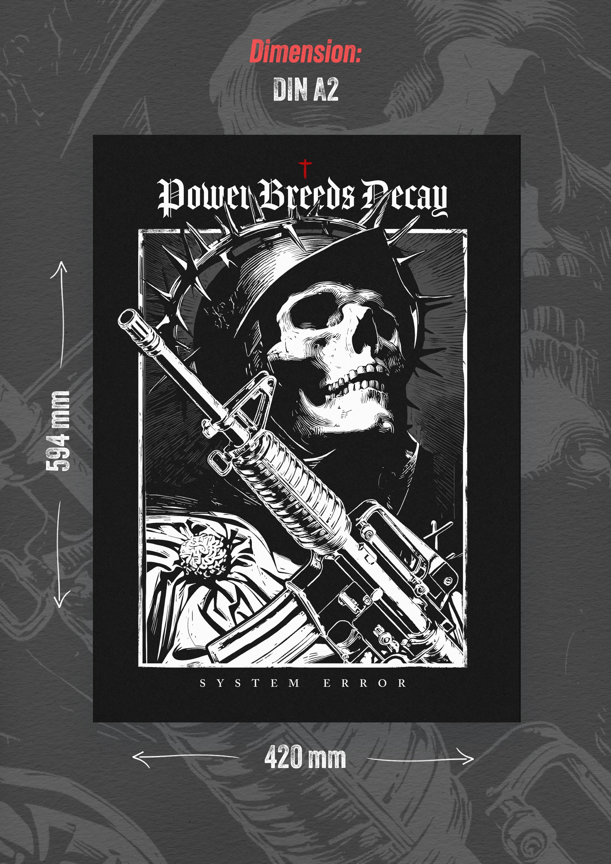 Eine schwarz-weiße Illustration im Punk-Stil, die einen skelettartigen Soldaten mit Dornenkrone und Helm zeigt, der ein Gewehr hält, mit den Texten „Power Breeds Decay” (Macht führt zu Verfall) und „System Error” (Systemfehler), die die Rebellion gegen Autoritäten und den Verfall der Macht symbolisieren.

Punk-Poster, Wandkunst mit Totenkopf, dunkle ästhetische Kunst, Anti-Autoritäts-Kunst, Rebellion-Poster, Systemfehler-Druck, Skelett-Kunstwerk, Punk-Wohnkultur, Anti-Kriegs-Kunst, gotische Wanddekoration