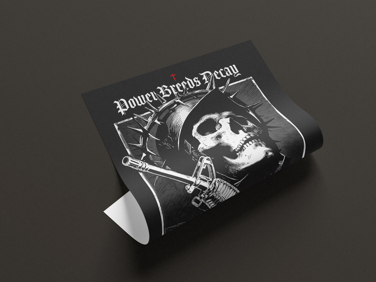 Eine schwarz-weiße Illustration im Punk-Stil, die einen skelettartigen Soldaten mit Dornenkrone und Helm zeigt, der ein Gewehr hält, mit den Texten „Power Breeds Decay” (Macht führt zu Verfall) und „System Error” (Systemfehler), die die Rebellion gegen Autoritäten und den Verfall der Macht symbolisieren.

Punk-Poster, Wandkunst mit Totenkopf, dunkle ästhetische Kunst, Anti-Autoritäts-Kunst, Rebellion-Poster, Systemfehler-Druck, Skelett-Kunstwerk, Punk-Wohnkultur, Anti-Kriegs-Kunst, gotische Wanddekoration