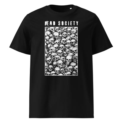 Vorderansicht eines schwarzen T-Shirts aus Bio-Baumwolle mit dem Dead Society Motiv: Ein zentraler, rechteckiger Grafik-Print mit vielen detaillierten Totenköpfen und weißem Schriftzug auf der Brust.