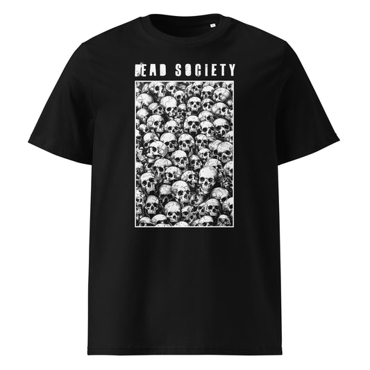 Vorderansicht eines schwarzen T-Shirts aus Bio-Baumwolle mit dem Dead Society Motiv: Ein zentraler, rechteckiger Grafik-Print mit vielen detaillierten Totenköpfen und weißem Schriftzug auf der Brust.