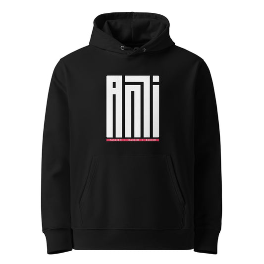 Schwarzer Premium-Hoodie mit großem weißen vertikalen ANTI-Schriftzug und darunter einer roten Zeile mit den Begriffen Fascism, Racism, Sexism.
