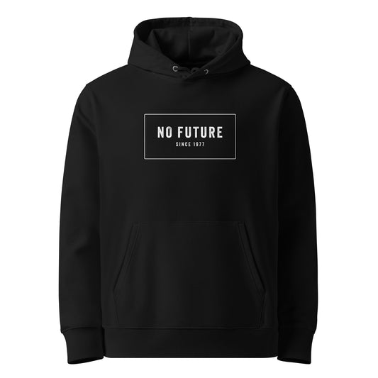 Schwarzer Premium-Hoodie mit weißem Print 'NO FUTURE SINCE 1977' in einem weißen Rahmen. Das Design ist minimalistisch typograpfisch und hat leichte Retro vibes.