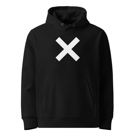Minimalistischer schwarzer Hoodie aus schwerer Bio-Baumwolle mit einem großen, zentrierten weißen X-Print auf der Brust.