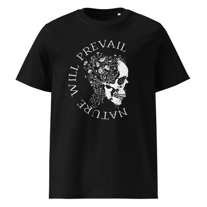 Vorderansicht eines schwarzen T-Shirts mit dem Motiv 'Nature Will Prevail': Ein weißer menschlicher Schädel im Profil, aus dessen Oberseite filigrane Wildblumen und Pflanzen wachsen. Der kreisförmige Schriftzug umschließt die Grafik zentral auf der Brust.