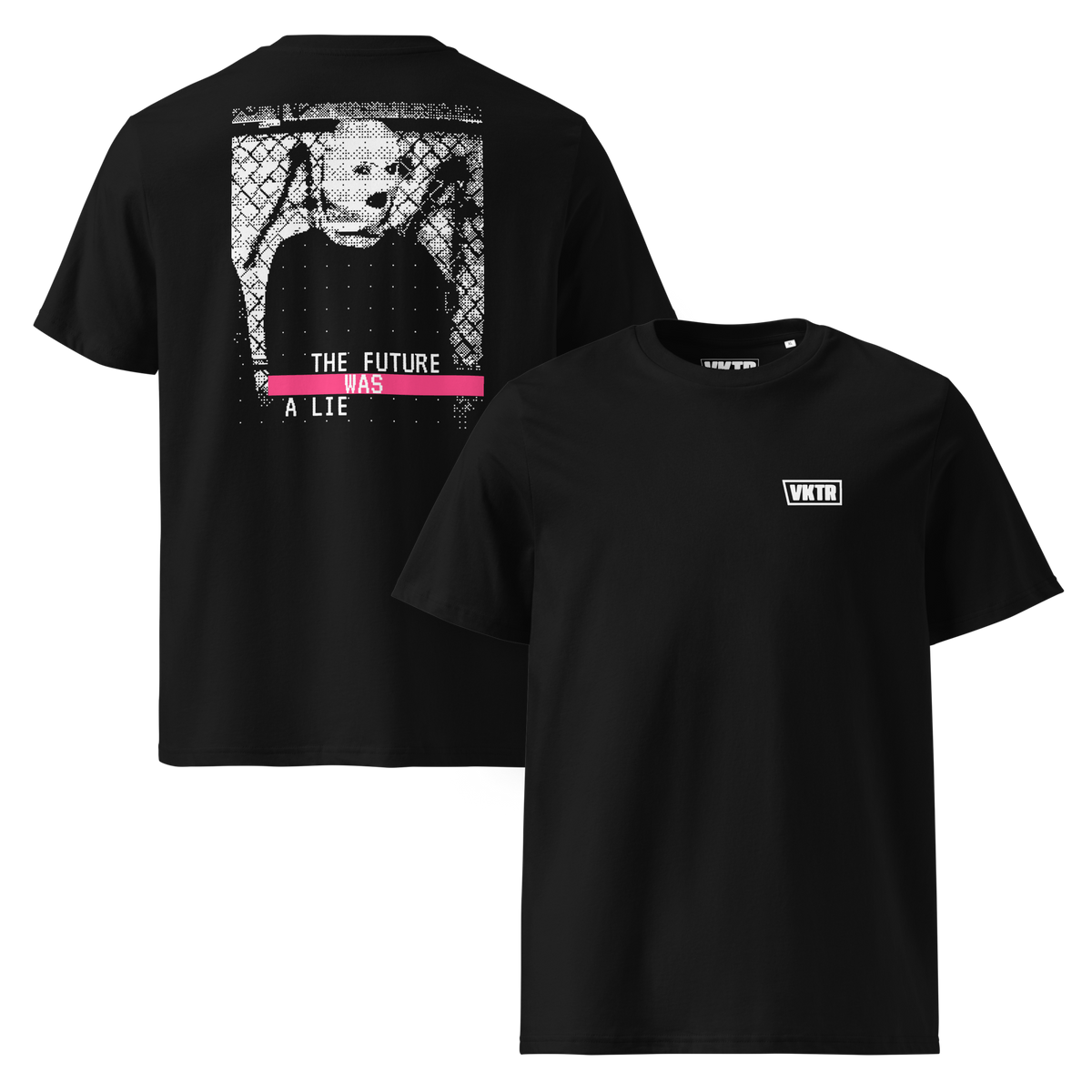 THE FUTURE WAS A LIE Bio-T-Shirt in Schwarz von VKTR.STUDIO mit brutalistischem Dithering-Backprint