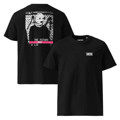 THE FUTURE WAS A LIE Bio-T-Shirt in Schwarz von VKTR.STUDIO mit brutalistischem Dithering-Backprint